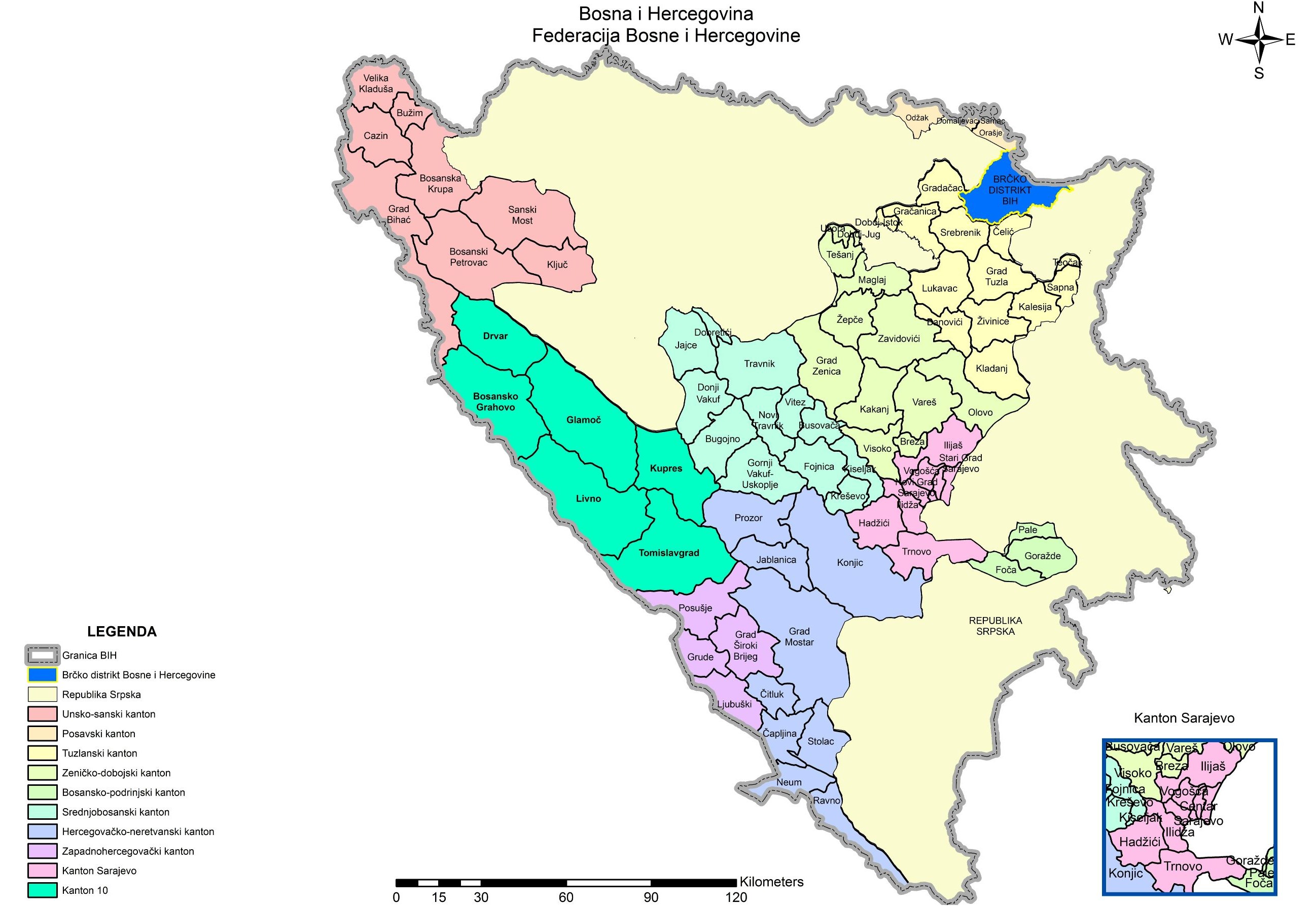bih karta kantoni Administrativna karta Federacije Bosne i Hercegovine – Federalni  bih karta kantoni